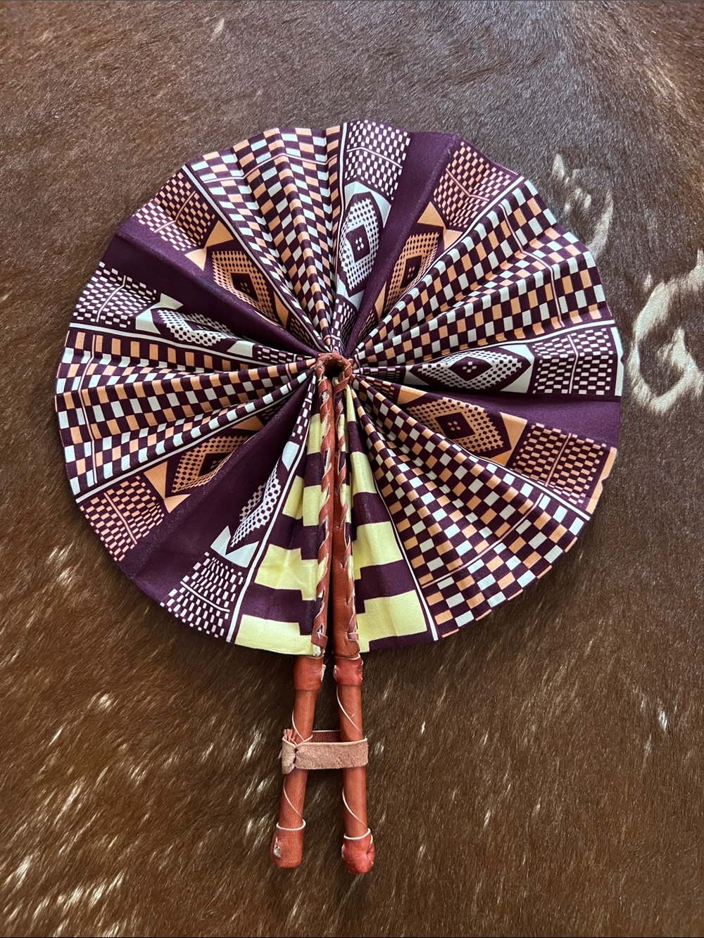 Handheld African Print Folding Fan with leather handle